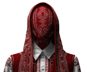 Unique mannequin design with detailed traditional attire in red on a transparent background, cut out