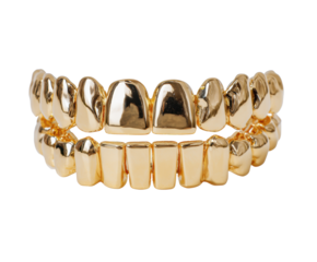 Trendy gold grillz for stylish fashion statements on a transparent background, cut out