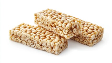 Three rectangular cereal bars with a crunchy texture and a golden-brown color, placed on a white background.