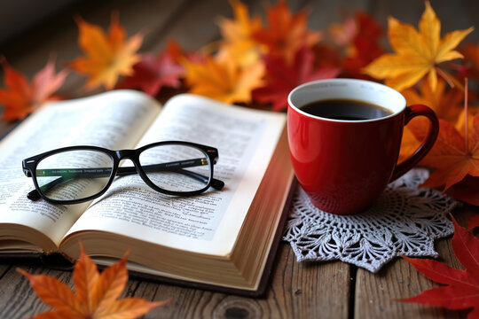 An open book with glasses on top, a red coffee cup on a white doily, surrounded by colorful autumn leaves on a wooden table.