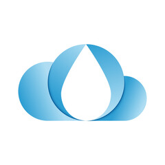 Gradient blue water drop inside cloud shape icon for modern eco tech, weather forecast, rain data, water storage services or purification solutions in minimal style.