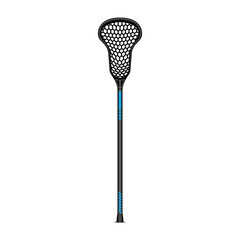 Lacrosse stick 3d realistic vector clipart with black shaft and hexagonal net isolated on white background front view, sports gear for fast-paced field game, practice or competition.