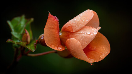 Single orange flower with morning dew, soft backlight. Nature's delicate beauty in a drop.