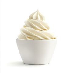 Creamy soft serve ice cream in white bowl on white background.