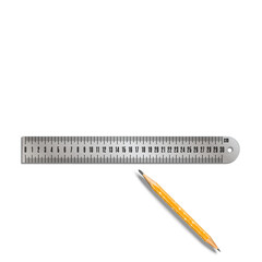 Metal centimeter ruler and short sharpened old used pencil realistic 3d vector isolated on white background top view, for measurement, engineering drawing or educational poster or banner mockup.