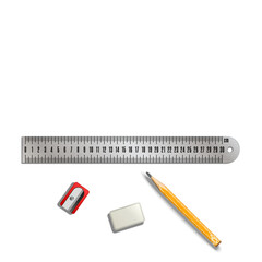 Metal centimeter ruler, used short pencil, red pencil sharpener realistic 3d vector objects isolated on white background top view, engineering, university or school educational poster, banner mockup.