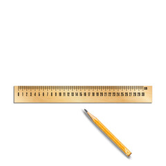 Wooden centimeter ruler and sharpened short worn used a yellow pencil isolated on white background, realistic 3d vector school stationery set for poster or banner mockup.