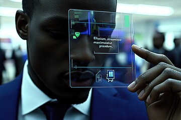 Man interacts with a futuristic transparent display.  Close-up view of a person looking at a holographic interface.  Medical or informational data displayed on the screen