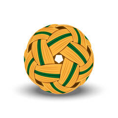 Sepak takraw sport ball woven yellow and green isolated on white background realistic 3d vector, traditional asian sport equipment object used in acrobatic foot volleyball game.