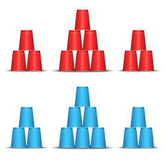 Sport stacking red and blue plastic cups arranged in pyramids on isolated on white background realistic 3d vector, representing cup stacking equipment, speed stacking games hand-eye coordination.