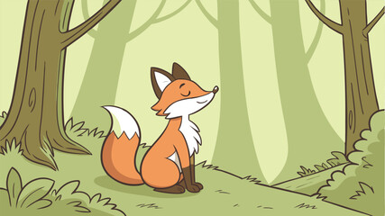 Obraz premium Adorable cartoon fox sitting in a tranquil forest on a sunny day