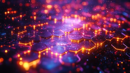 Fototapeta premium Abstract glowing hexagonal network with vibrant particles.