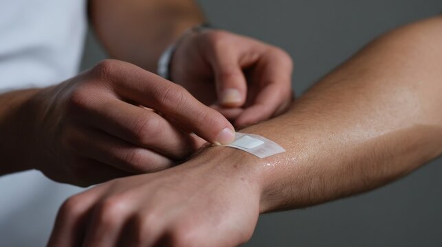 A handson demonstration of applying the diabetes patch to the skin capturing the ease of use and userfriendly design for monitoring glucose through sweat without invasive procedures.