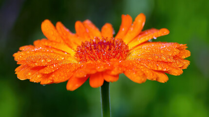 Single orange flower with morning dew, soft backlight. Nature's delicate beauty in a drop.