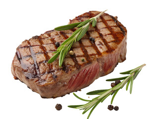 Grilled steak with rosemary on a transparent background. The meat is juicy with grill marks,...