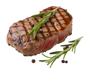 Grilled steak with rosemary on a transparent background. The meat is juicy with grill marks, garnished with fresh herbs and black peppercorns.