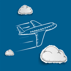 Plane flies against the background of paper clouds. Vector illustration