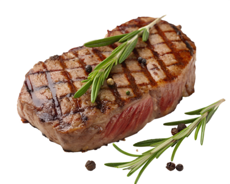 Grilled steak with rosemary on a transparent background. The meat is juicy with grill marks, garnished with fresh herbs and black peppercorns.