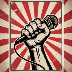 Empowerment in Harmony: Vintage Propaganda Print of the Fist and Microphone