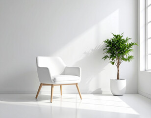 Minimalist white chair and green potted plant in bright modern room with window light