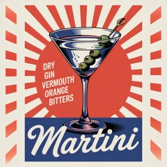 Mid-Century Martini Elegance: Vintage Cocktail Poster with Retro Sunburst Design