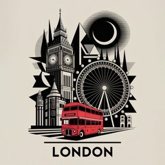 Iconic London: Geometric Black & White Art Print with Vibrant Red Bus Accent