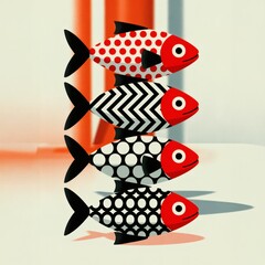 Vibrant Geometric Fish Print: Bold Minimalist Art with Staggered Design
