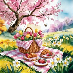 Spring Serenity: Watercolor Picnic by the River with Cherry Blossoms and Blooms