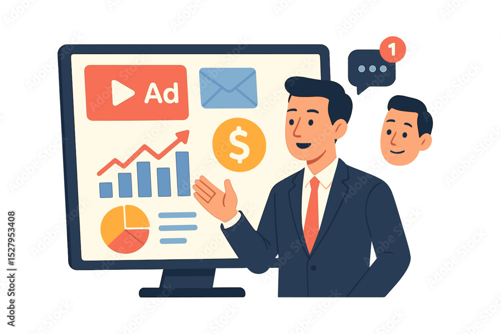 Poster man in suit presents data analytics and marketing strategy on screen with growing charts, envelope a