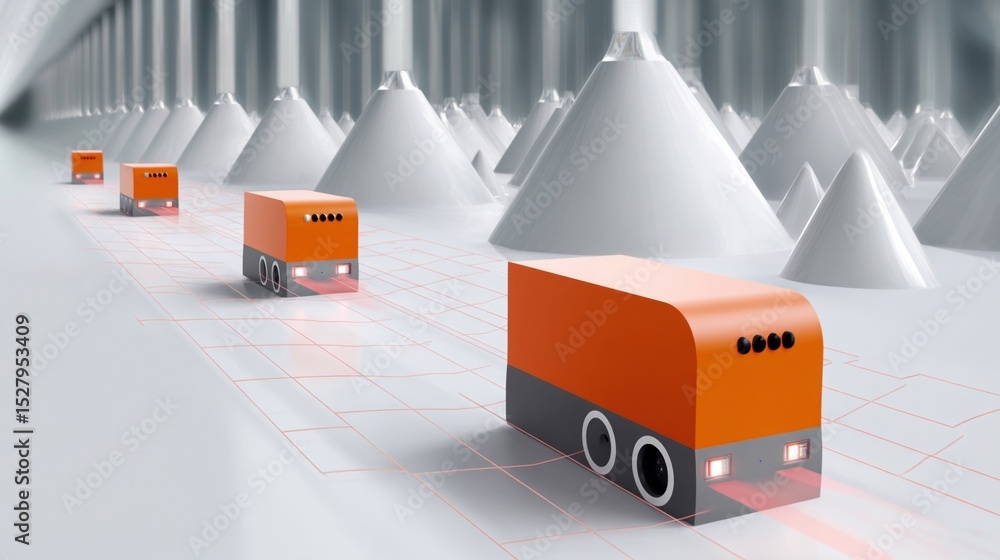 Poster multiple agvs communicating wirelessly with a central control system showcasing seamless coordinatio