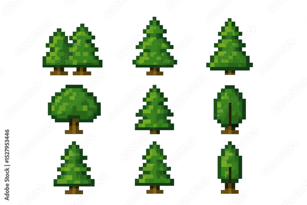 Fototapete collection of varied style pixel art trees for game development, representing diverse forest ecosyst