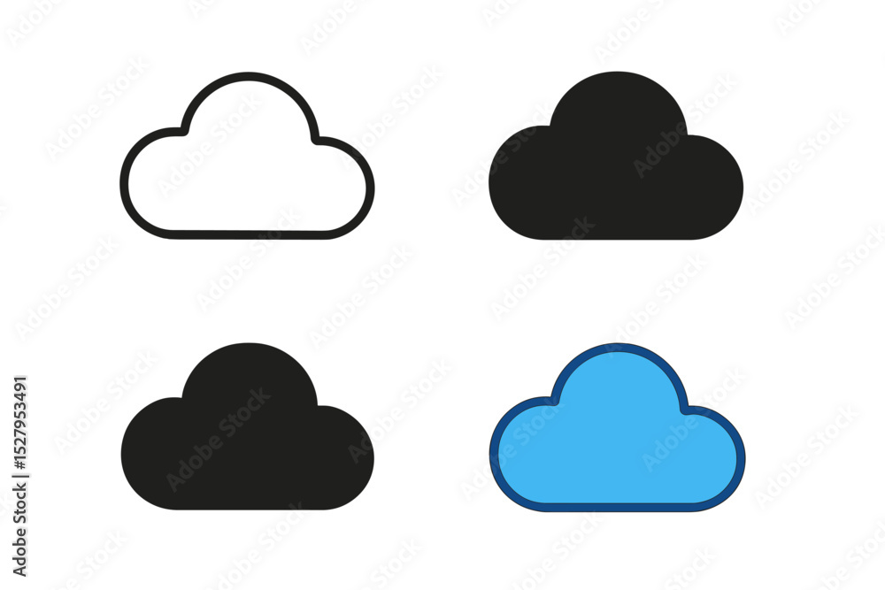 Poster four cloud icons in different styles display cartoon graphics isolated on a white background