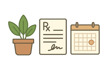 Plant, prescription, and marked calendar represent health related appointment reminder, presented as cartoon vector illustration icon isolated