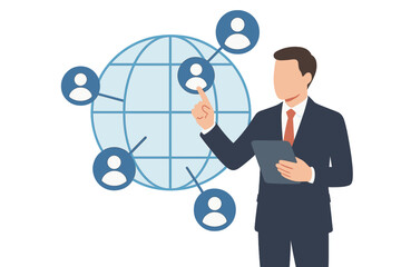 Global network presentation shown by businessman using tablet, connected people on globe