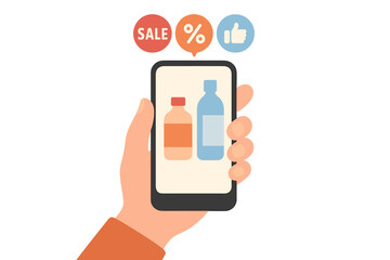 Hand holding smartphone with bottles on the screen and sale announcement icons