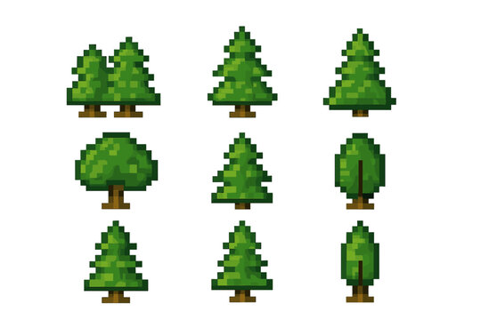Collection of varied style pixel art trees for game development, representing diverse forest ecosystems