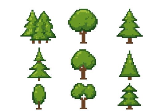 Pixel art trees collection featuring various shapes and green shades for forest and landscape designs, isolated on white background