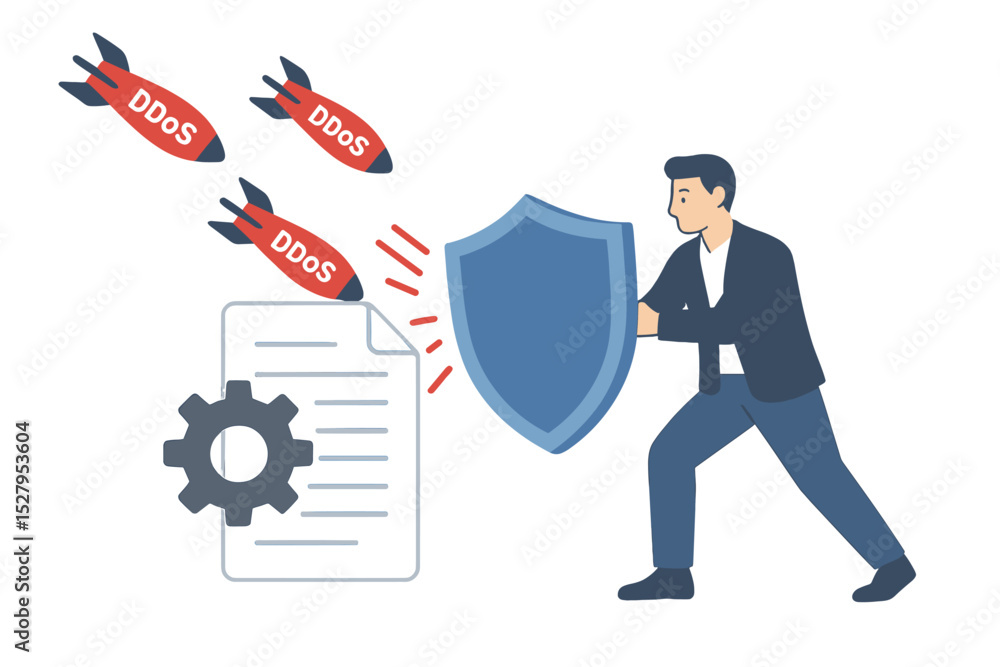 Poster man defending against ddos attack with shield, protecting data and settings from cyber threats