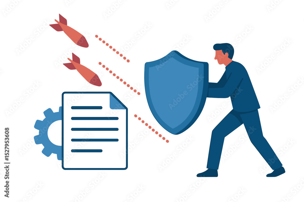 Poster man shields document with shield from attacking bombs cartoon vector illustration icon, isolated on 