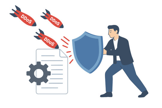 Man defending against ddos attack with shield, protecting data and settings from cyber threats