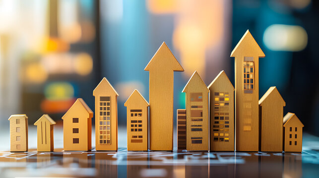 Real Estate Growth: Rising Graphs and Residential Buildings symbolizes the upward trend in property value, development, and investment opportunities. Featuring visual elements like bar graphs, arrows,