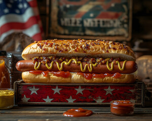 Epic Hot Dog on Patriotic Stand - American Classic Comfort Food