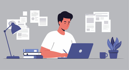 A smiling male  works on her laptop at a desk