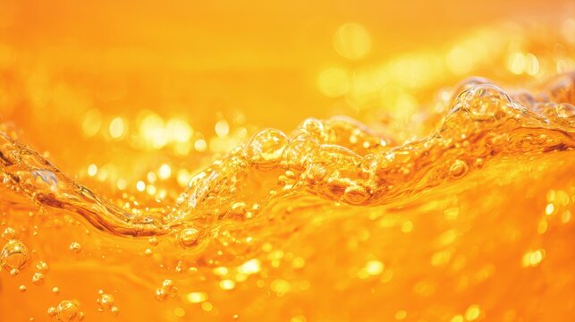 Close-up of vibrant orange liquid wave with smooth curves and floating bubbles, abstract texture of oil or beer splash for dynamic fluid design backgrounds