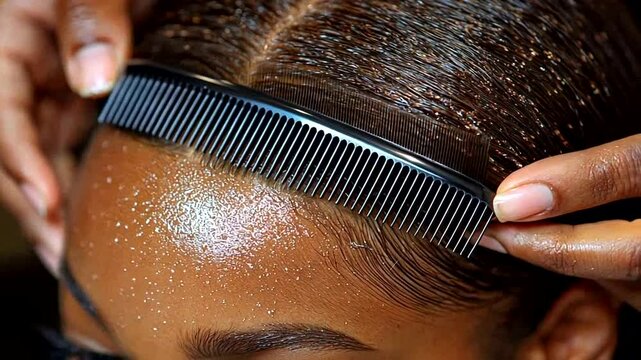 Close-up of a person's forehead with a comb and glitter.