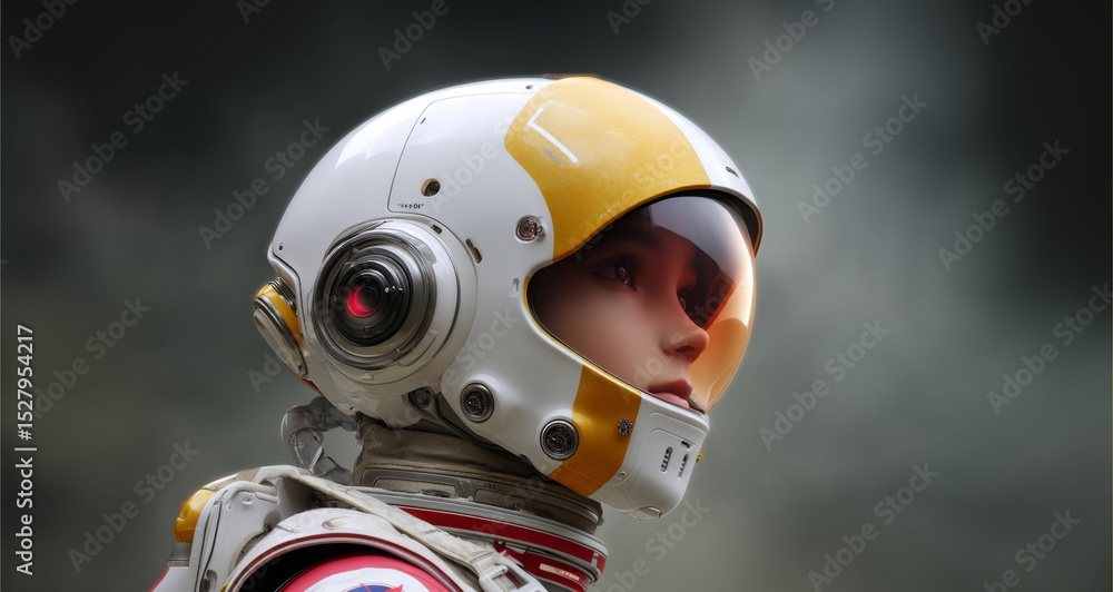 Poster A robot equipped with an advanced helmet stands ready for an exploration mission on a remote planet.