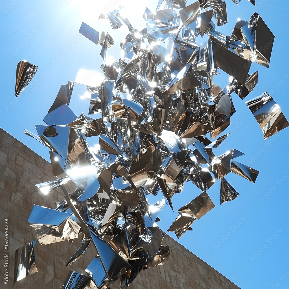 Poster collection of shiny silver objects displaying various artistic forms and textures in bright light