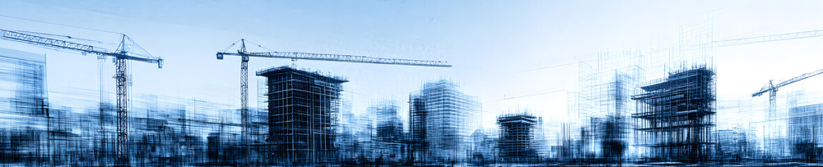 Urban Development Construction Sites and Blueprints Backdrop captures energy vision behind building modern cities. Featuring cranes, scaffolding,architectural plans,this background symbolizes progress