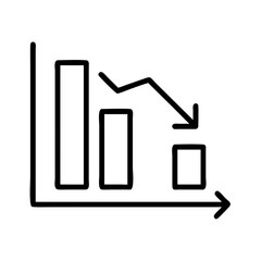 Line icon of a bar graph with a downward arrow, symbolizing loss, decline, negative trend, or financial downturn.
