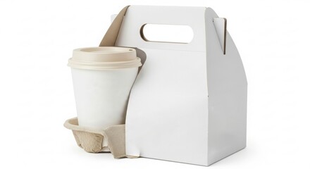 Minimalist White Coffee Cup Carrier: Single Cup Coffee To Go Container with Takeout Cup Mockup on Clean White Background, Perfect for Branding and Delivery Services